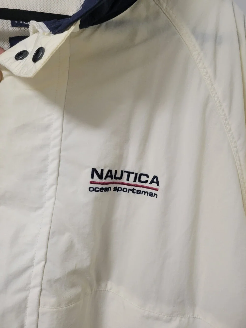 Vintage Nautica Ocean Sportsman Jacket Mens XL Ivory Navy Hidden Hood Sailing